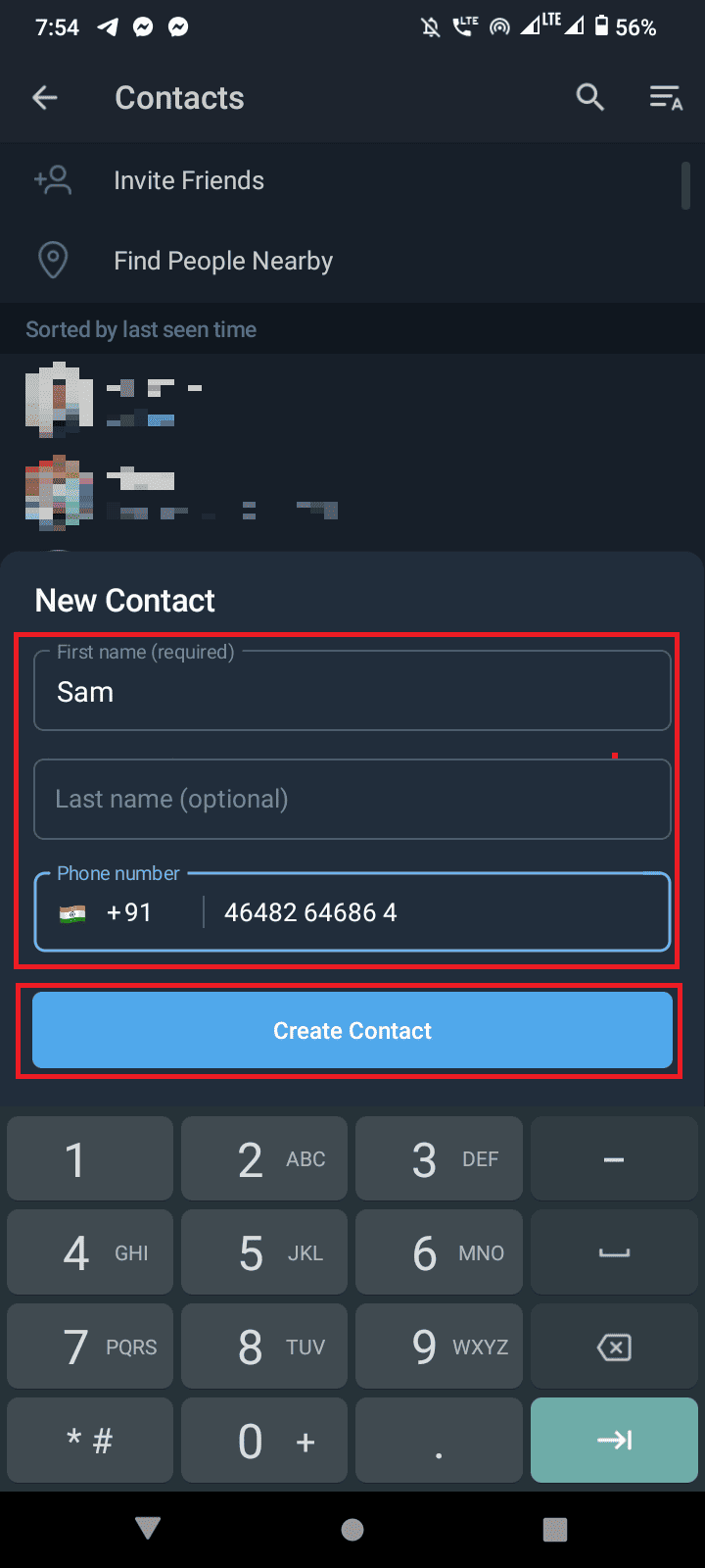 Tap on Create Contact | How to Find Someone on Telegram Without Username