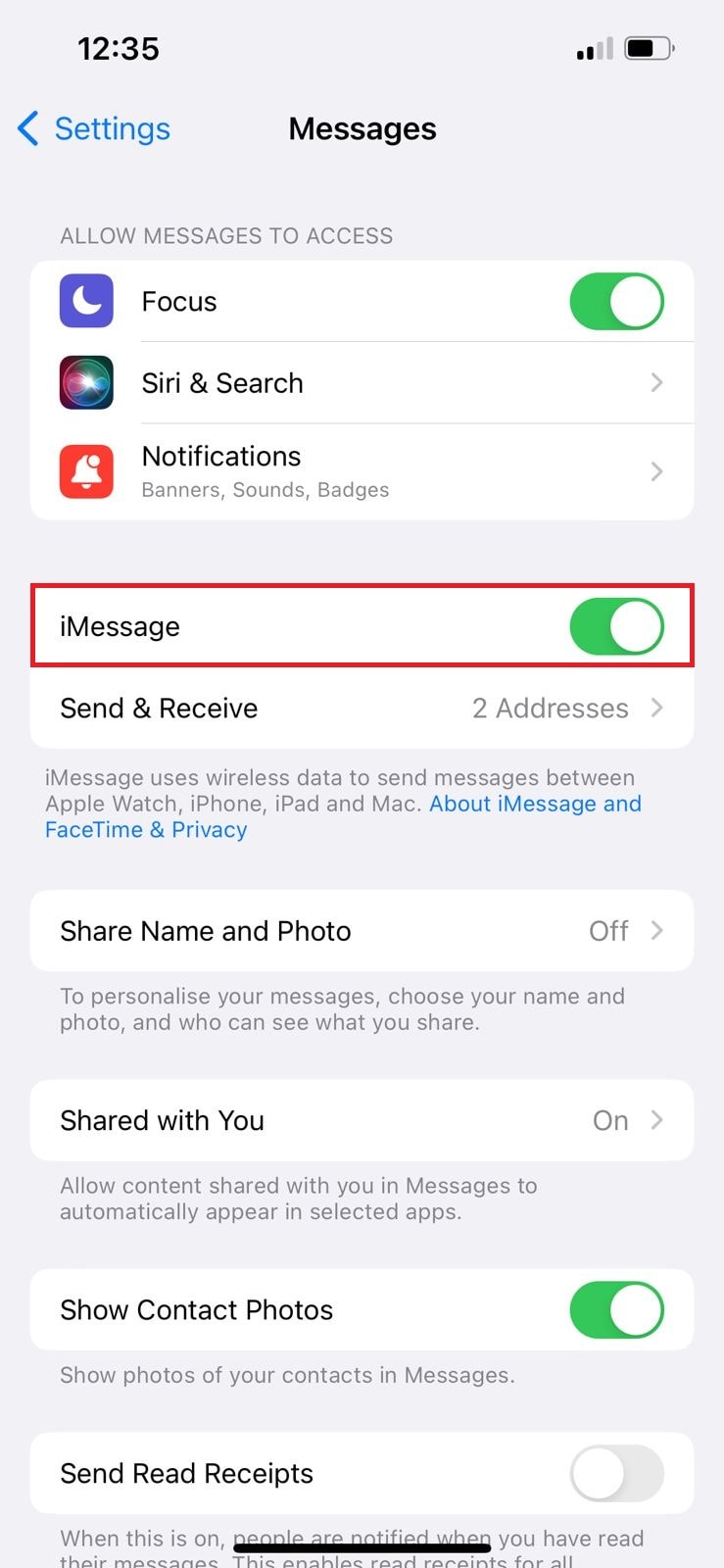 toggle off the button next to iMessage | Phone Number Not Registered With iMessage
