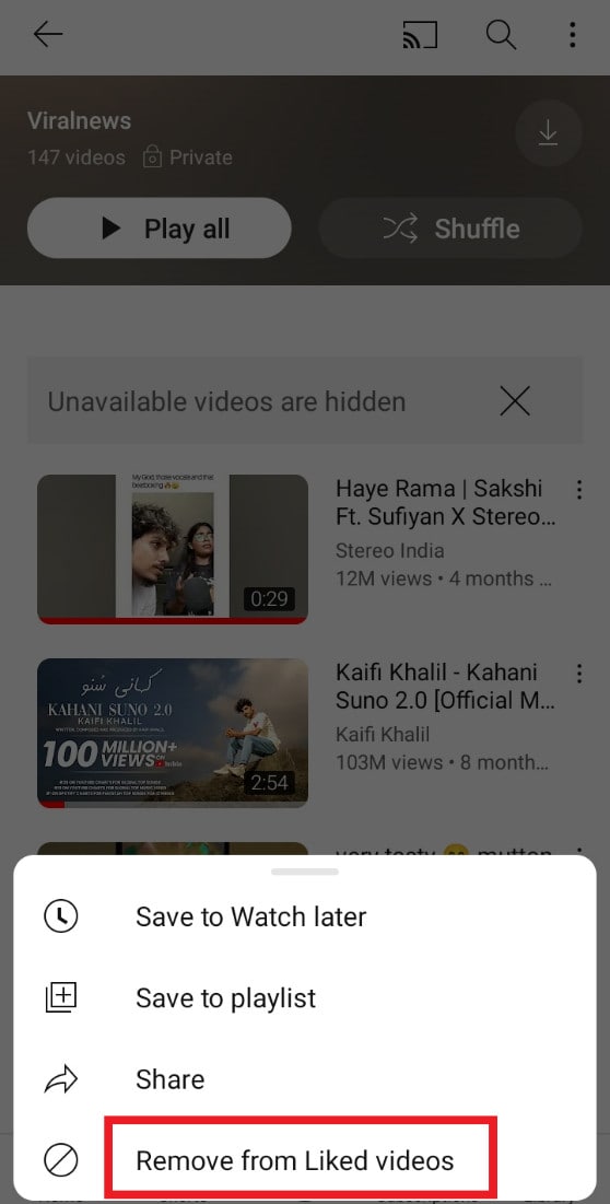you will see remove from liked videos option, tap on it.