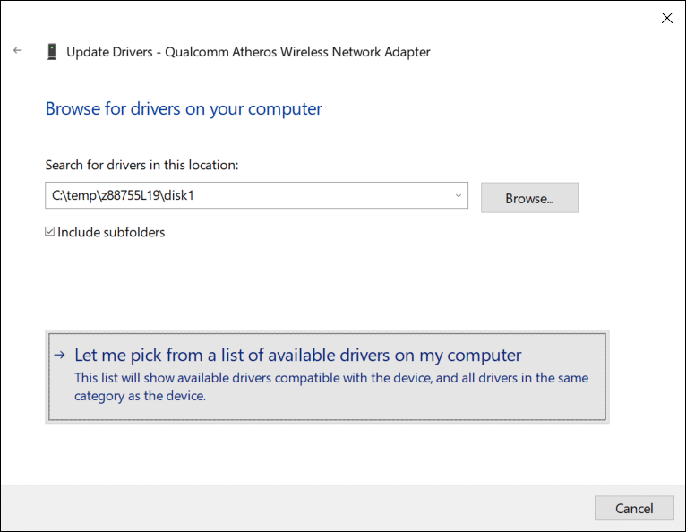 select "Let me pick from a list of device drivers on my computer."