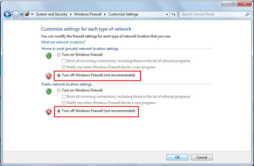 Click on radio buttons next to Turn off Windows Defender Firewall | Fix Windows 7 Updates Not Downloading