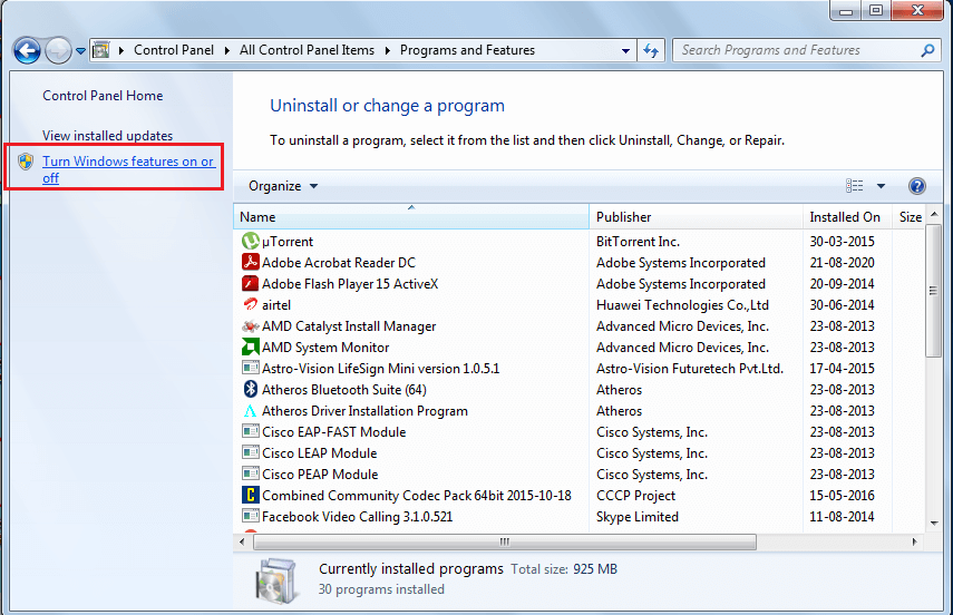 Click on the Turn Windows feature on or off | Fix Windows 7 Updates Not Downloading