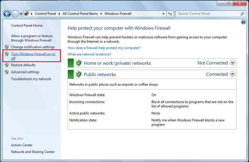 Select Turn Windows Defender Firewall on or off from left panel