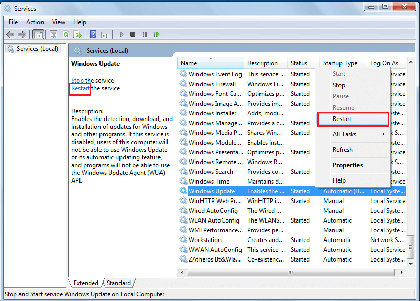 Select Windows Update service and then click on Restart present on the left
