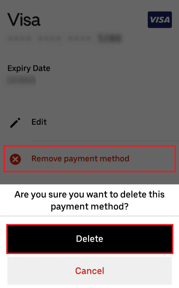 Tap on Remove payment method and select Delete to confirm