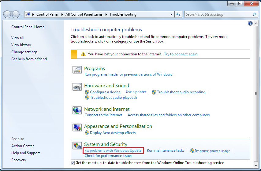 Under System and Security, click on the Fix problems with Windows Update