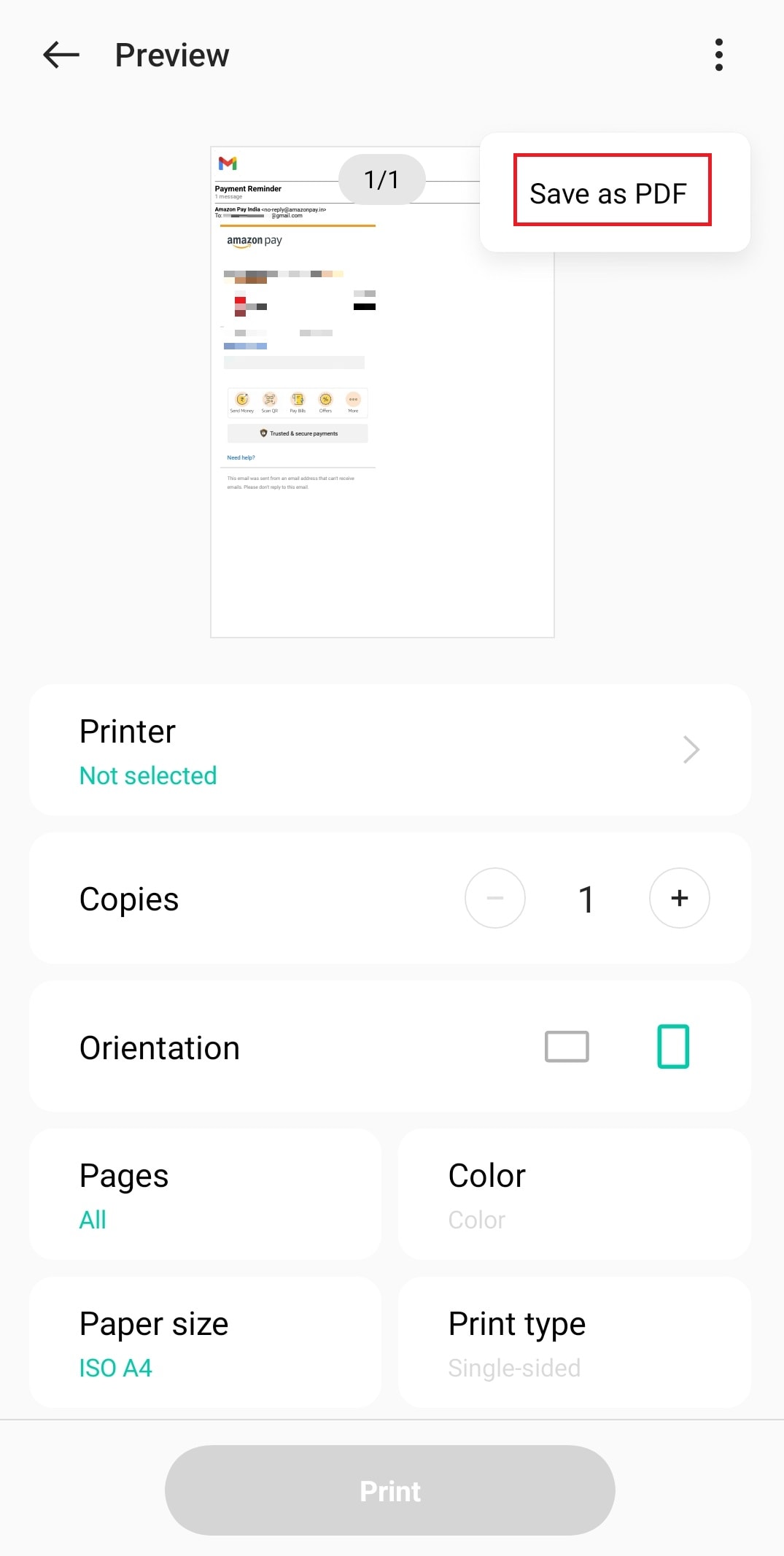 choose Save as PDF | print an email from my phone