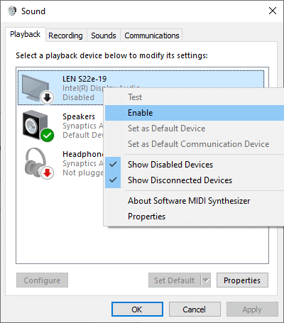 Now, right-click on the audio device and check if it is enabled. If it is disabled, click on Enable, as depicted in the below picture.