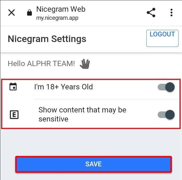 Turn the toggle on for I’m 18+ years old and Show content that may be sensitive and select save