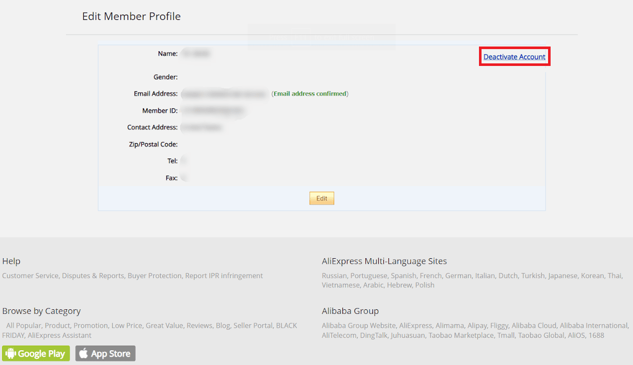 In the Edit Member Profile page, click on the Deactivate Account button in the top-right corner of the page