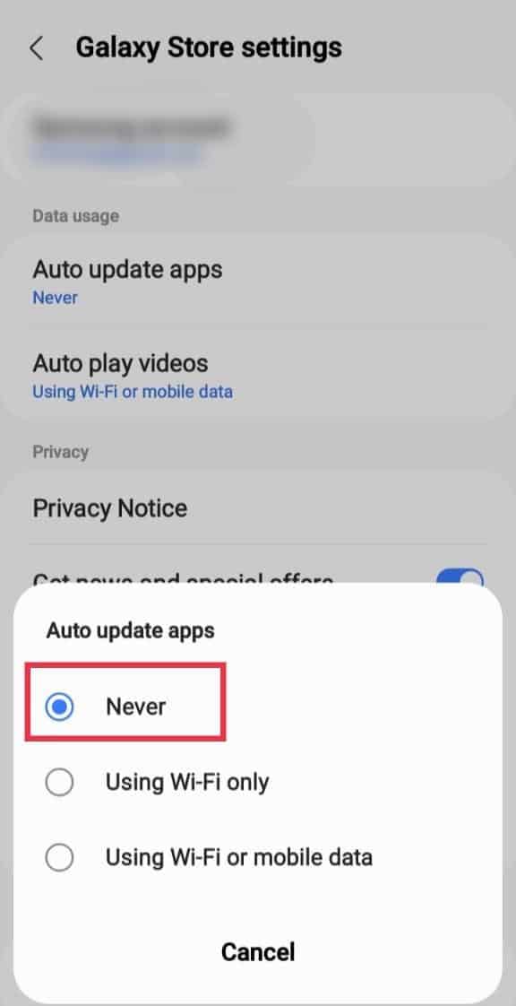 choose Never | How to Disable Android Automatic Updates