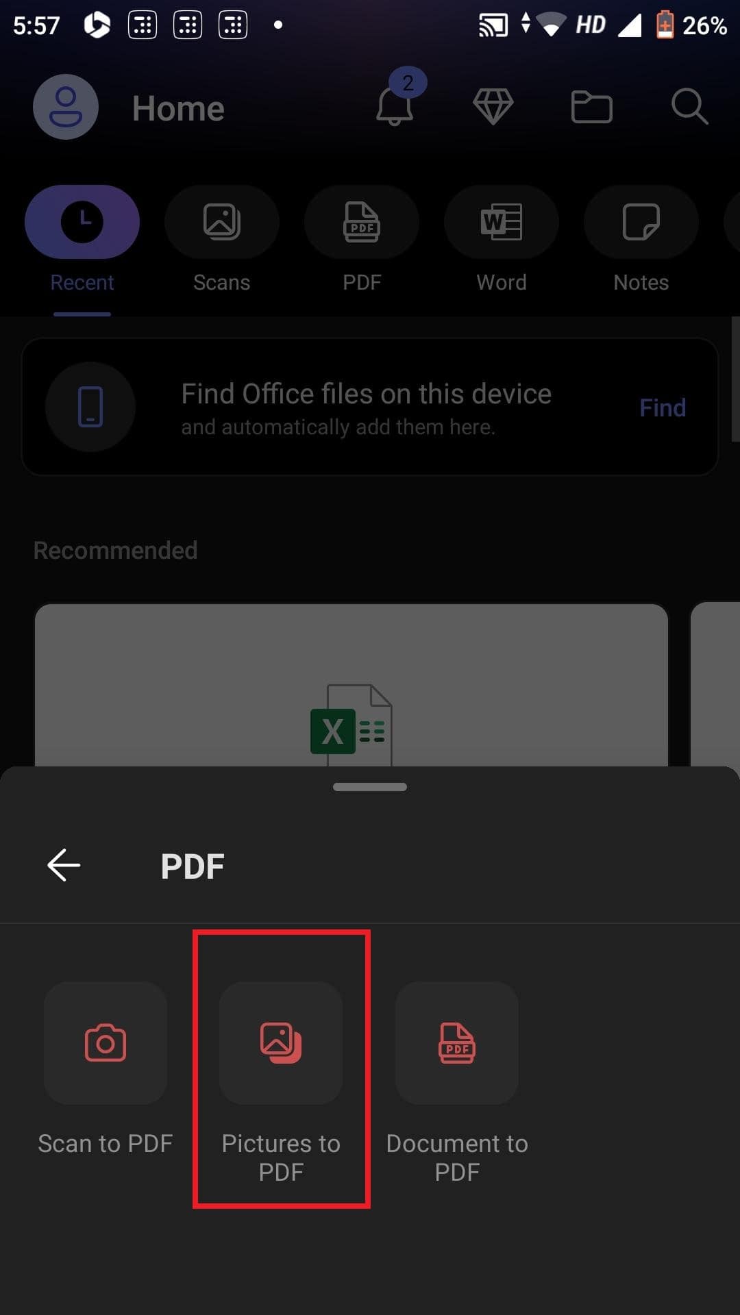 Select "PDF" then "picture to pdf" and choose the image(s) you want to convert.