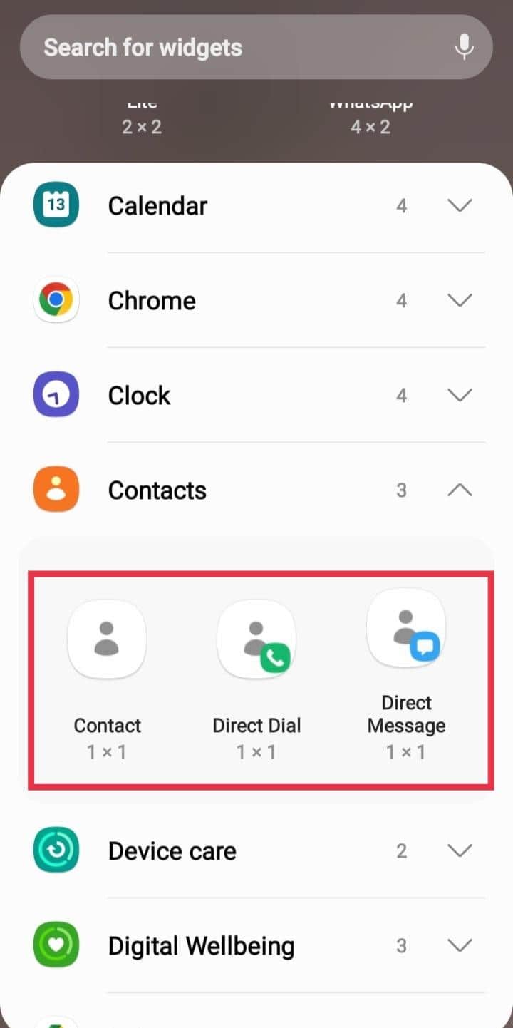 select your Desired widget and drag it to an empty space | How to Put Contacts on Home Screen of Android Phone