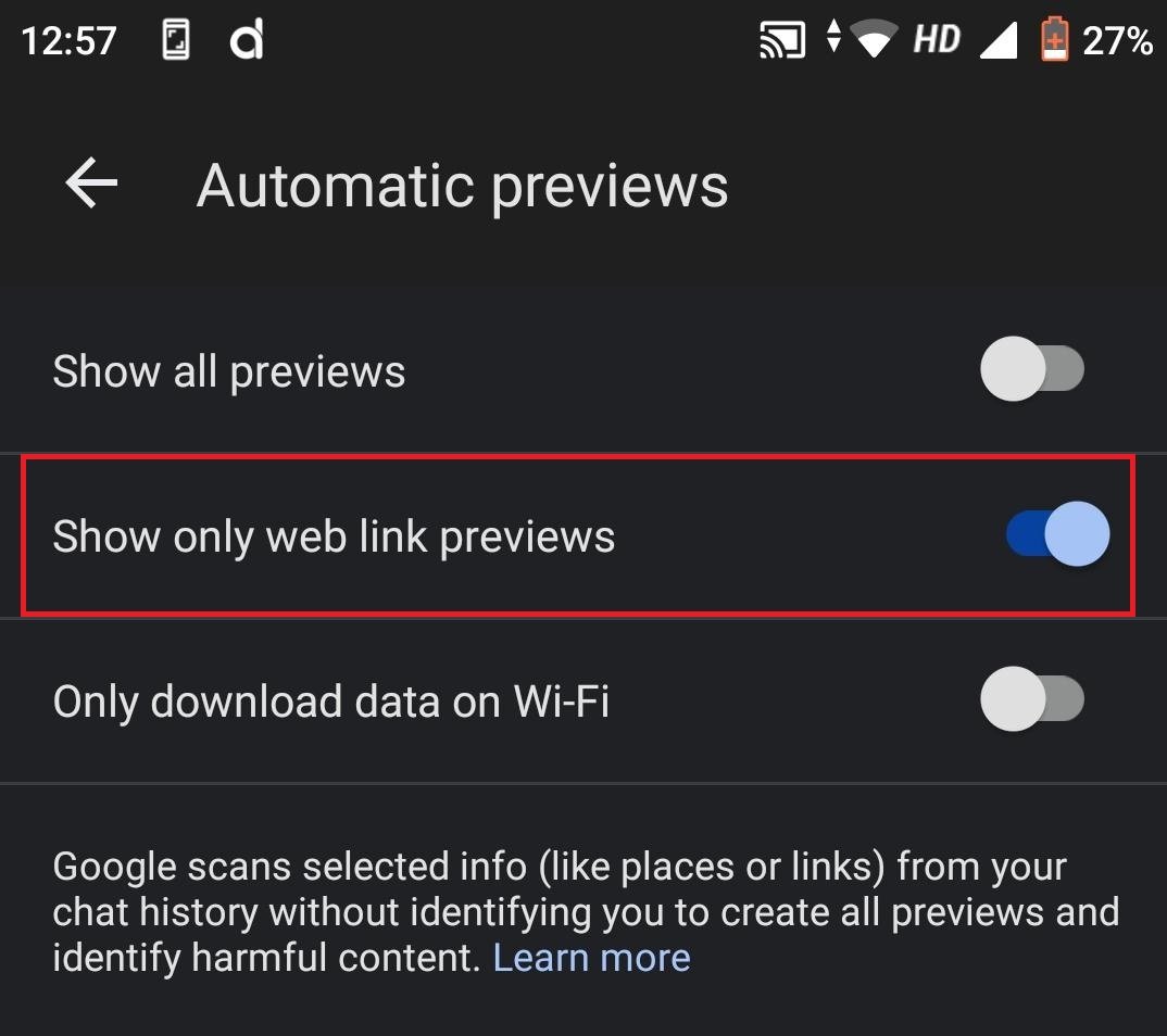To enable previews for all web links, turn on "Show all previews."