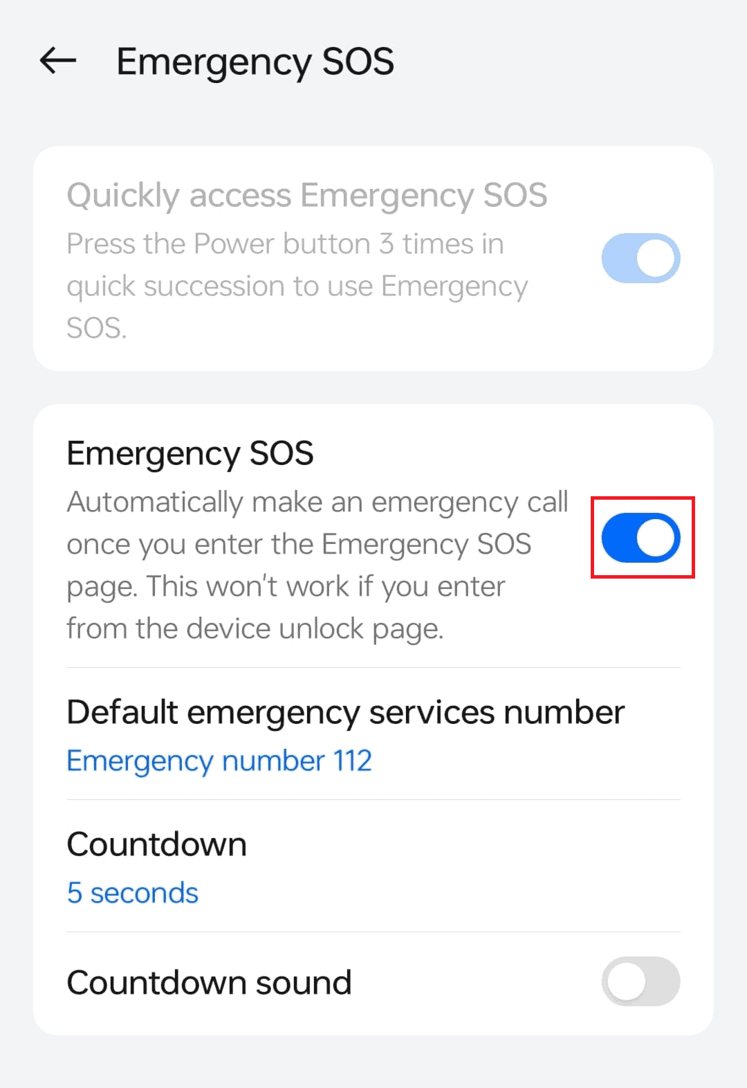 Toggle on the Emergency SOS switch