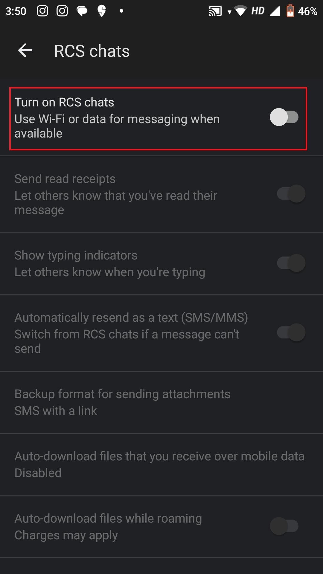 Turn the toggle off for Turn on RCS Chats.